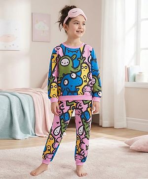 Pine Kids Heavy Gauge Premium Fabric Full Sleeves Monster Printed Night Suit - Pink