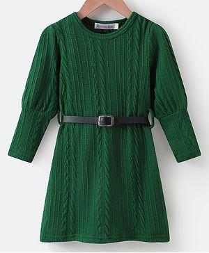 Kookie Kids Knitted Full Sleeves Solid Color Frock - Green