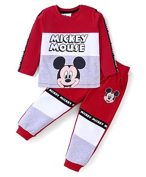 Babyhug Disney Single Jersey Knit Full Sleeves Cut & Sew T-Shirt & Lounge Pant Set with Mickey Mouse Print - Red White & Grey