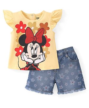 Babyhug Cotton Knit Frill Sleeves Top & Denim Shorts Set With Floral & Minnie Mouse Print - Yellow & Blue