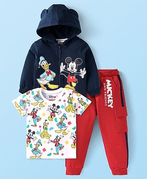 Babyhug Disney Single Jersey Knit Full Sleeves Front-Zipper Mickey Mouse Graphic Print Hooded Jacket with with T-Shirt & Joggers Set - Red Navy Blue & White