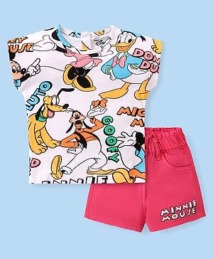 Babyhug Disney Single Jersey Knit Dolman Sleeve T-Shirt & Denim Shorts Set With Minnie Mouse and Family Graphics - Pink & White