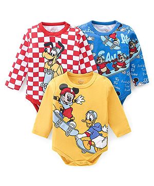 Babyhug Disney Interlock Knit Full Sleeves Onesies With Mickey Mouse and Friends Graphics Pack of 3 - Yellow Blue & Red