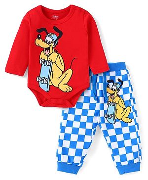 Babyhug Disney Interlock Knit Full Sleeves Onesie & Diaper Leggings with Pluto Graphic - Red & Blue