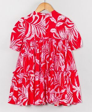 Hugsntugs Half Sleeves Leaf Printed Dress - Red & Pink