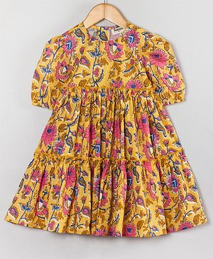 Hugsntugs Half Sleeves Floral Printed Tiered Dress - Yellow & pink