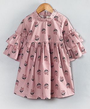 Hugsntugs Bell Sleeves Floral Printed Dress - Pink