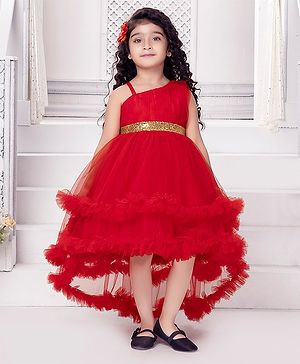 Ministitch Net Sleeveless Sequin Embellished High Low Dress - Red
