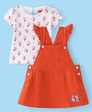 Babyhug Cotton Woven Half Sleeves T-Shirt With Frock Floral Print & Embroidery- White & Orange