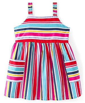 Babyhug Poplin Woven Sleeveless Frock With Stripes & Pockets - Multicolour