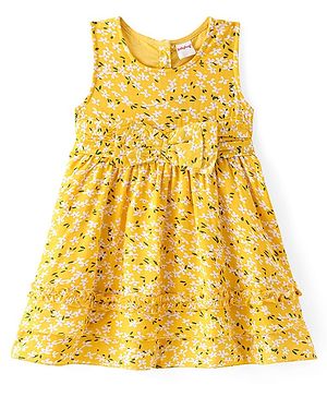 Babyhug Viscose Woven Sleeveless Frock with Floral Print & Bow Applique - Yellow