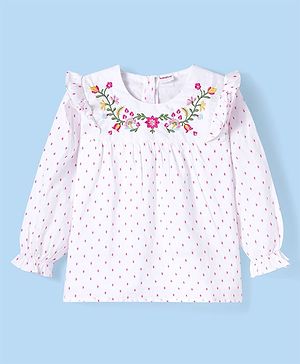 Babyhug Rayon Full Sleeves Floral Embroidered & Printed Top with Frill Detailing - White