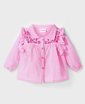 Babyhug Seersucker Full Sleeves Checks Top with Floral Embroidery & Frill Detailing - Pink