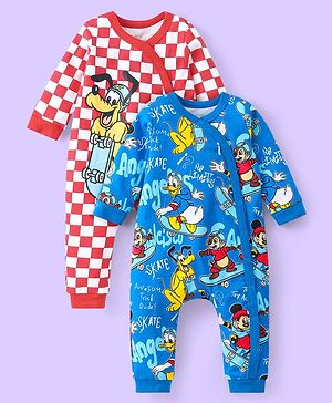 Babyhug Disney Interlock Knit Full Sleeves Rompers with Mickey Mouse & Friends Graphics Pack of 2 - Red & Blue