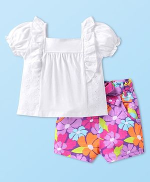 Babyhug Single Jersey Knit Half Sleeves Solid Colour Top & Shorts With Floral Print - White