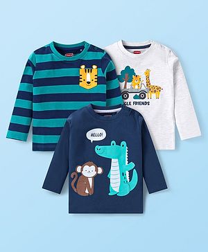 Babyhug Cotton Knit Full Sleeves T-Shirts with Stripes &  Animals  Graphics Pack of 3 - Blue & White
