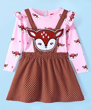 Babyhug Single Jersey Knit Frock & Full Sleeves Frill Detailing Inner Tee Deer Print & Applique- Pink & Brown