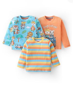 Babyhug Cotton Knit Full Sleeves T-Shirts with Stripes & Wild Animals  Graphics Pack of 3 - Blue Yellow & Orange
