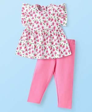 Babyhug Single Jersey Knit Frill Sleeves Floral Printed Top & Leggings Set - White & Pink