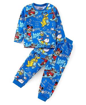 Babyhug Disney Cotton Knit Full Sleeves Night Suit with Mickey Mouse Print - Navy Blue
