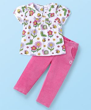 Babyhug Cotton Knit Half Sleeves Peter Pan Collared Floral Printed Top & Corduroy Pants Set - White & Pink