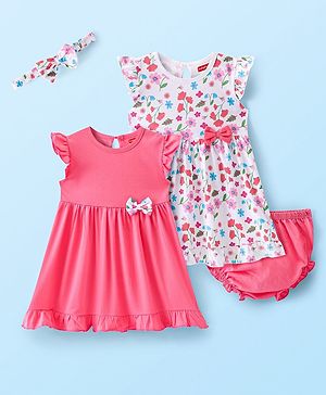 Babyhug Single Jersey Knit Sleeveless Frocks with Bloomer  & Headband Floral Print Pack of 2  - Multicolor