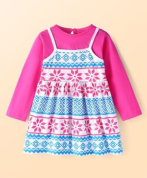 Babyhug Single Jersey Knit Floral Printed Frock with Full Sleeves Inner Tee - White & Dark Pink