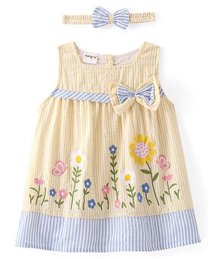 Babyhug Woven Sleeveless Flared Frock Floral Embroidered & Bow Applique With Headband - Light Yellow