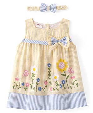 Babyhug Woven Sleeveless Flared Frock Floral Embroidered & Bow Applique With Headband - Light Yellow