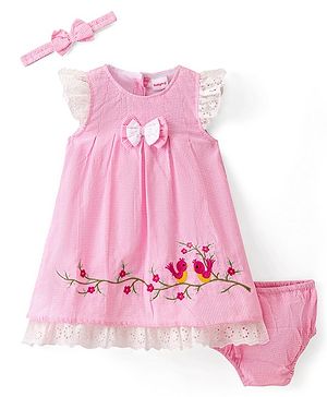 Babyhug Cotton Woven Frill Sleeves Floral Embroidered & Lace Detailing Frock With Bloomer & Headband - Pink