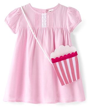 Babyhug Viscose Woven Half Sleeves Frock with Sling Bag Solid Color - Pink