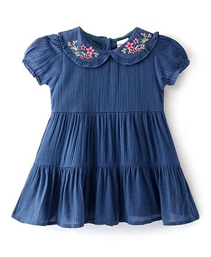 Babyhug Viscose Woven Half Sleeves Solid Frock with Floral Embroidery - Navy Blue