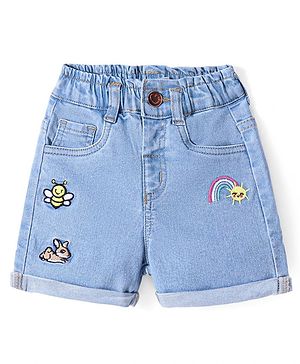 Babyhug Cotton Denim Washed Shorts with Rainbow & Honeybee Embroidery - Blue