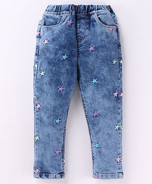 Babyhug Denim Full Length Jeans with Star Embroidery - Blue