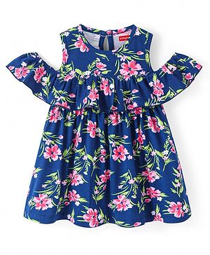 Babyhug Single Jersey Knit Cold Shoulder Sleeves Floral Printed Frock - Navy Blue