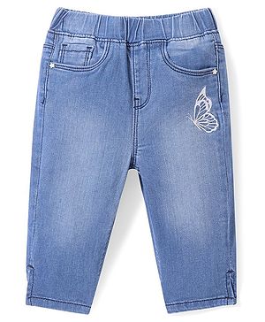 Babyhug Denim Capri Pants with Butterfly Embroidery - Blue
