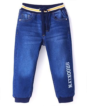 Babyhug Full Length Denim Jogger With Stretch & Text Print - Blue