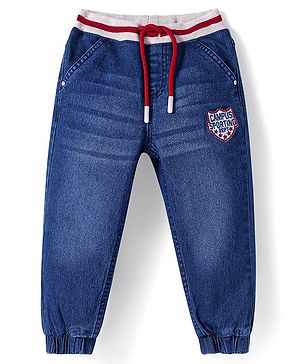 Babyhug Denim Full Length Washed Joggers with Stretch Text Embroidered - Royal Blue