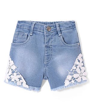 Babyhug Cotton Denim Washed Stretchable Shorts with Lace Detailing - Blue