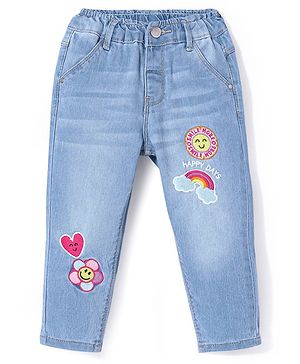 Babyhug Denim Full Length Jeans With Stretch & Text Embroidery - Blue