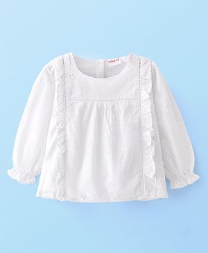 Babyhug Woven Schiffli Top with Frill and Lace Detailing- White