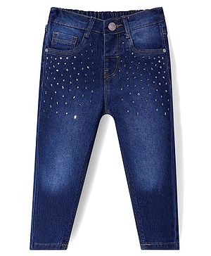 Babyhug Denim Full Length Solid Color Jeans with Beads Detailing - Navy Blue