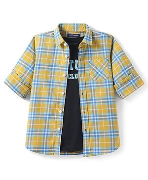 Pine Kids Cotton Woven Full Sleeves Checks Shirt With Text Print T- Shirt - Yellow & Blue