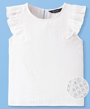 Pine Kids Cotton Woven Frill Sleeves Solid Colour Top With Embroidery - White