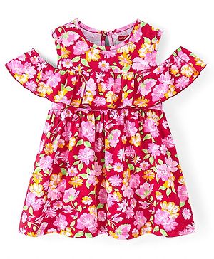 Babyhug Single Jersey Knit Cold Shoulder Sleeves Floral Printed Frock - Dark Print