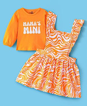 Doodle Poodle Cotton Knit Marble Printed Frock with Full Sleeves Inner Tee - Orange & White