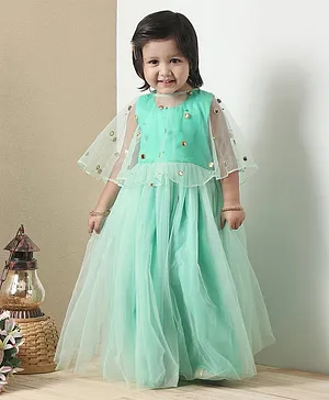 Babyoye Sleeveless Ethnic Dress With Net Cape - Green