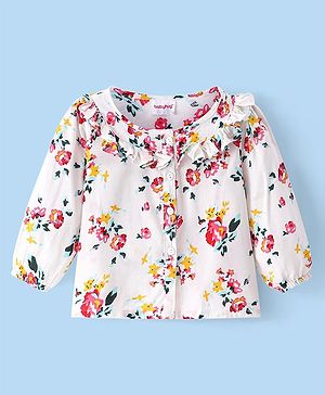 Babyhug Rayon Knit Full Sleeves Top with Floral Print Frill Detailing - White