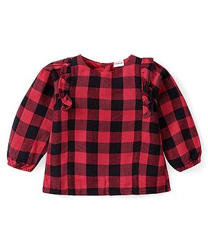 Babyhug Rayon Knit Full Peasant Sleeves  Checkered Top With Frill Detailing - Red & Black