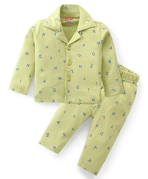 Babyhug Cotton Knit Full Sleeves Night Suit With Alphabets Print - Limegreen